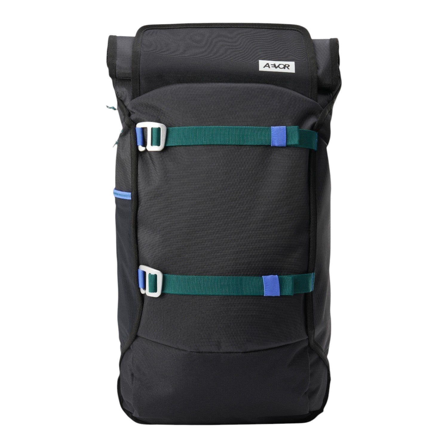 Lieblingstasche Trip Pack black backpack with green and blue strap accents and roll-top closure