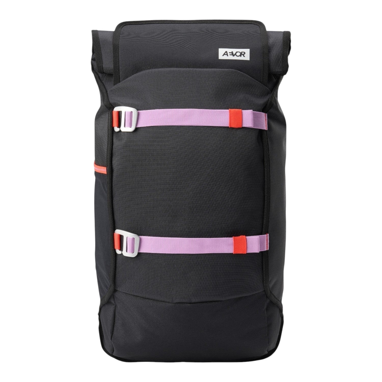 Lieblingstasche Trip Pack black backpack with roll-top closure and contrasting purple and orange strap details.