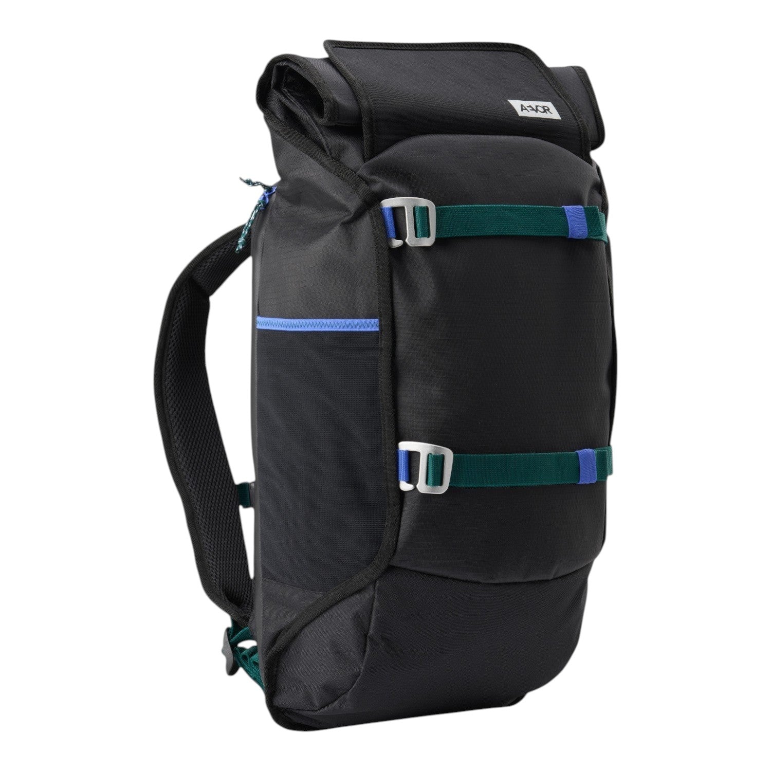 Lieblingstasche Trip Pack black roll-top backpack with green and blue accent straps and side mesh pocket