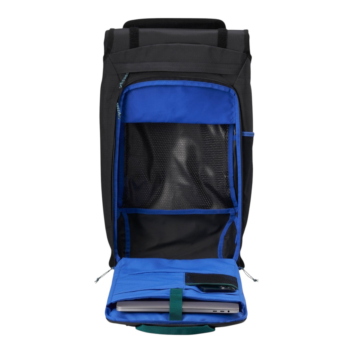 Lieblingstasche Trip Pack black backpack with open main compartment, bright blue interior lining, and laptop sleeve.