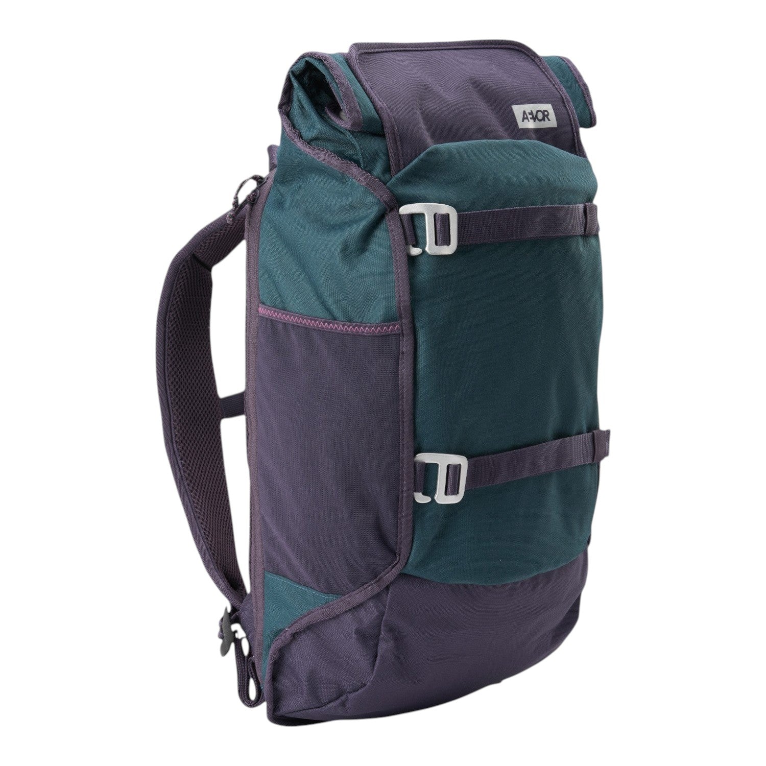 Lieblingstasche Trip Pack roll-top backpack in dark purple and teal with adjustable straps and side mesh pockets