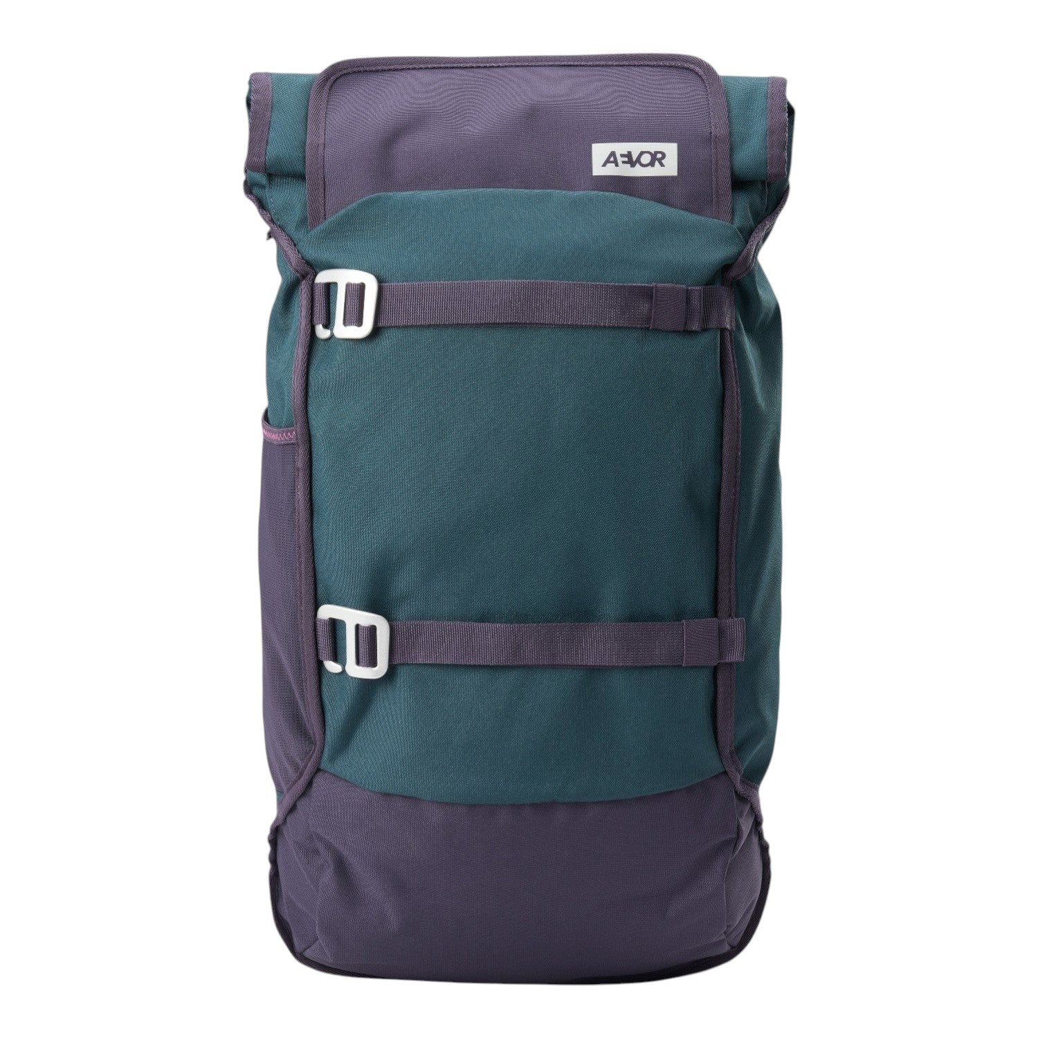 Lieblingstasche Trip Pack backpack in teal and dark purple with roll-top closure and adjustable buckle straps