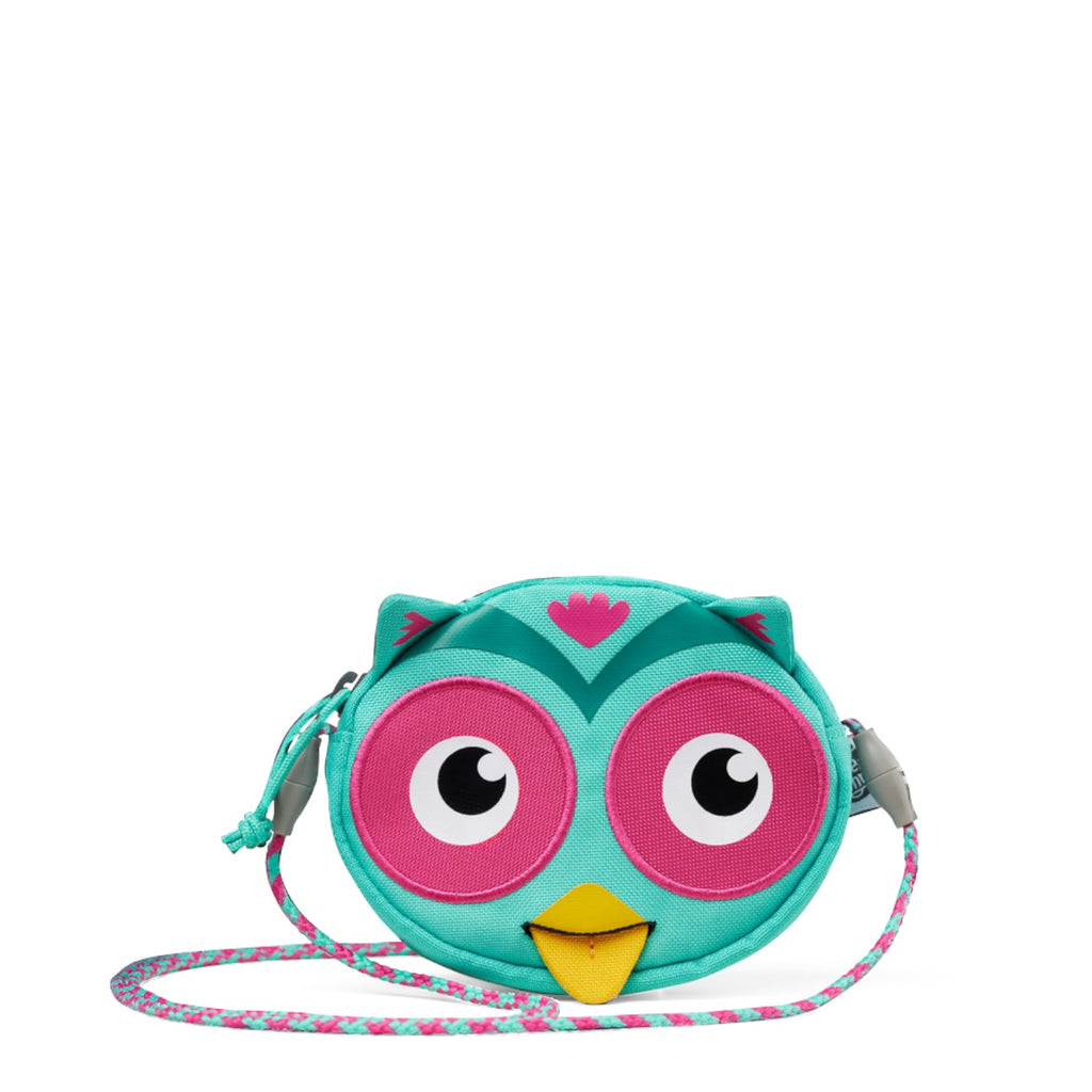 Lieblingstasche turquoise owl-shaped children's purse with pink eyes and a patterned shoulder strap