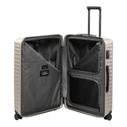 Lieblingstasche UPGRADE 4w Trolley L in beige, open view showing grey interior lining, mesh pockets, and dividers.