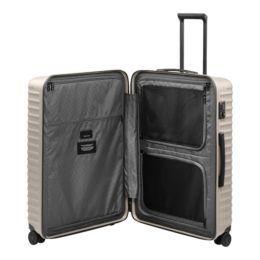 Lieblingstasche UPGRADE 4w Trolley L in beige with open interior featuring grey lining, mesh pockets, and TSA lock