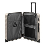 Lieblingstasche UPGRADE 4w Trolley L in beige with open interior featuring grey lining, mesh pockets, and TSA lock