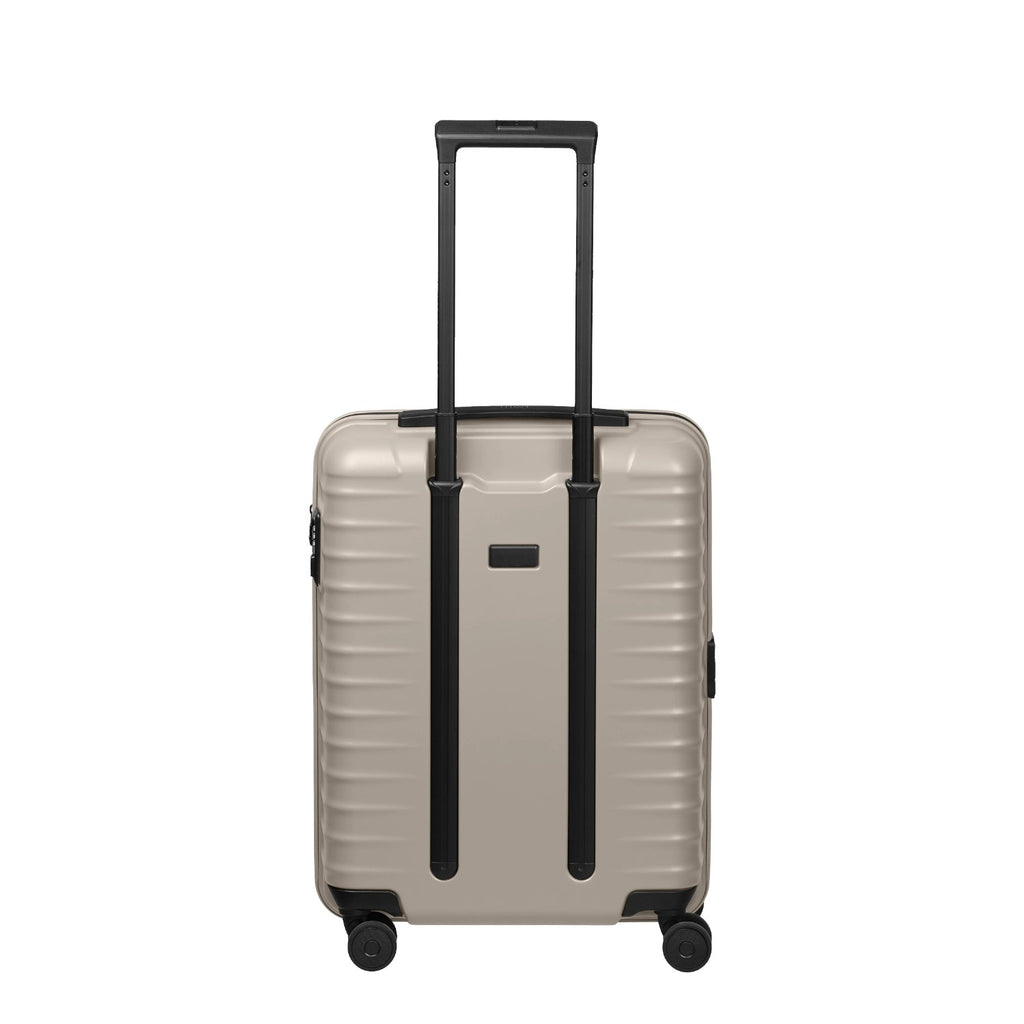 Lieblingstasche UPGRADE 4w Trolley S20 in beige with a telescopic handle and four wheels, rear view.