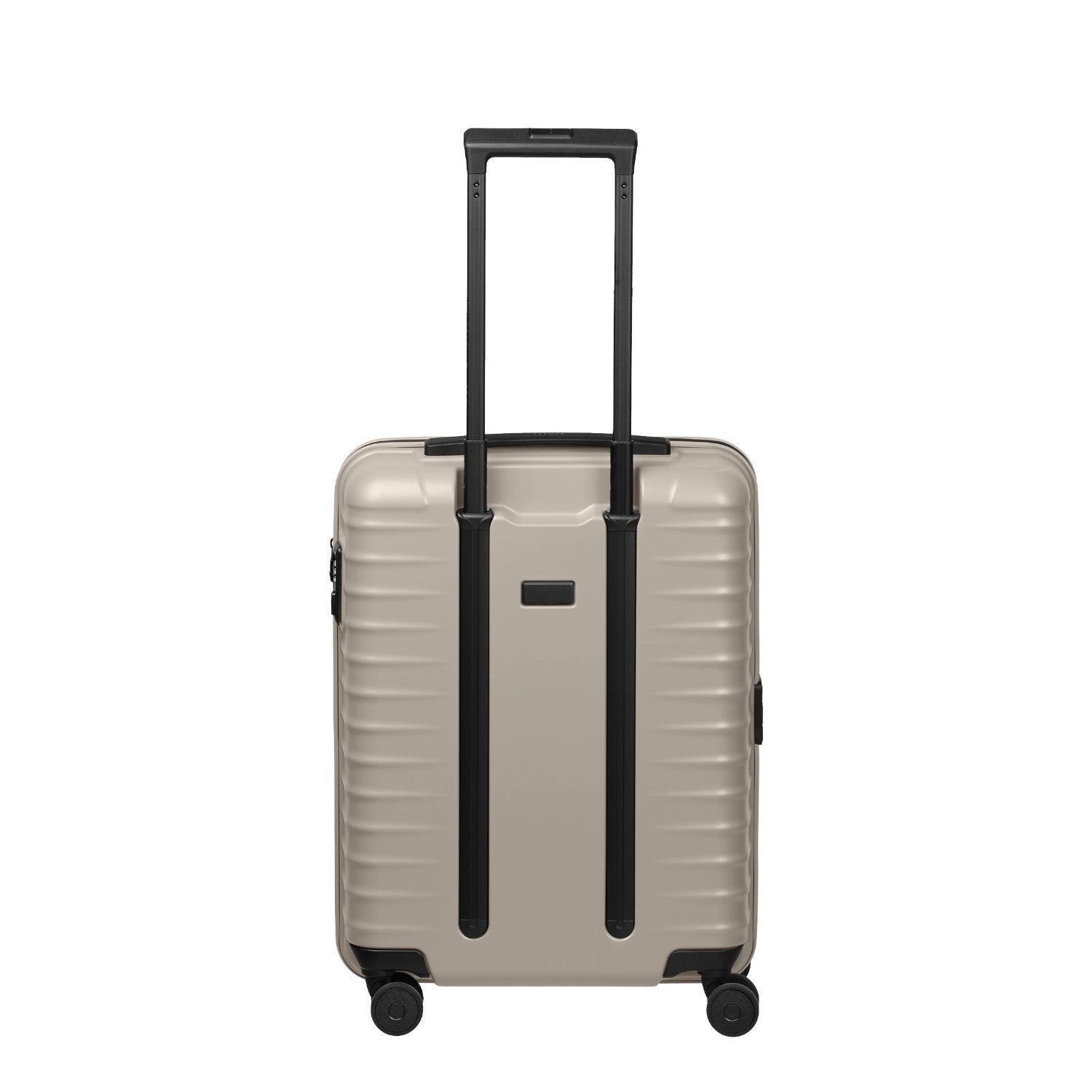 Lieblingstasche UPGRADE 4w Trolley S20 in beige with a telescopic handle and four wheels, rear view.
