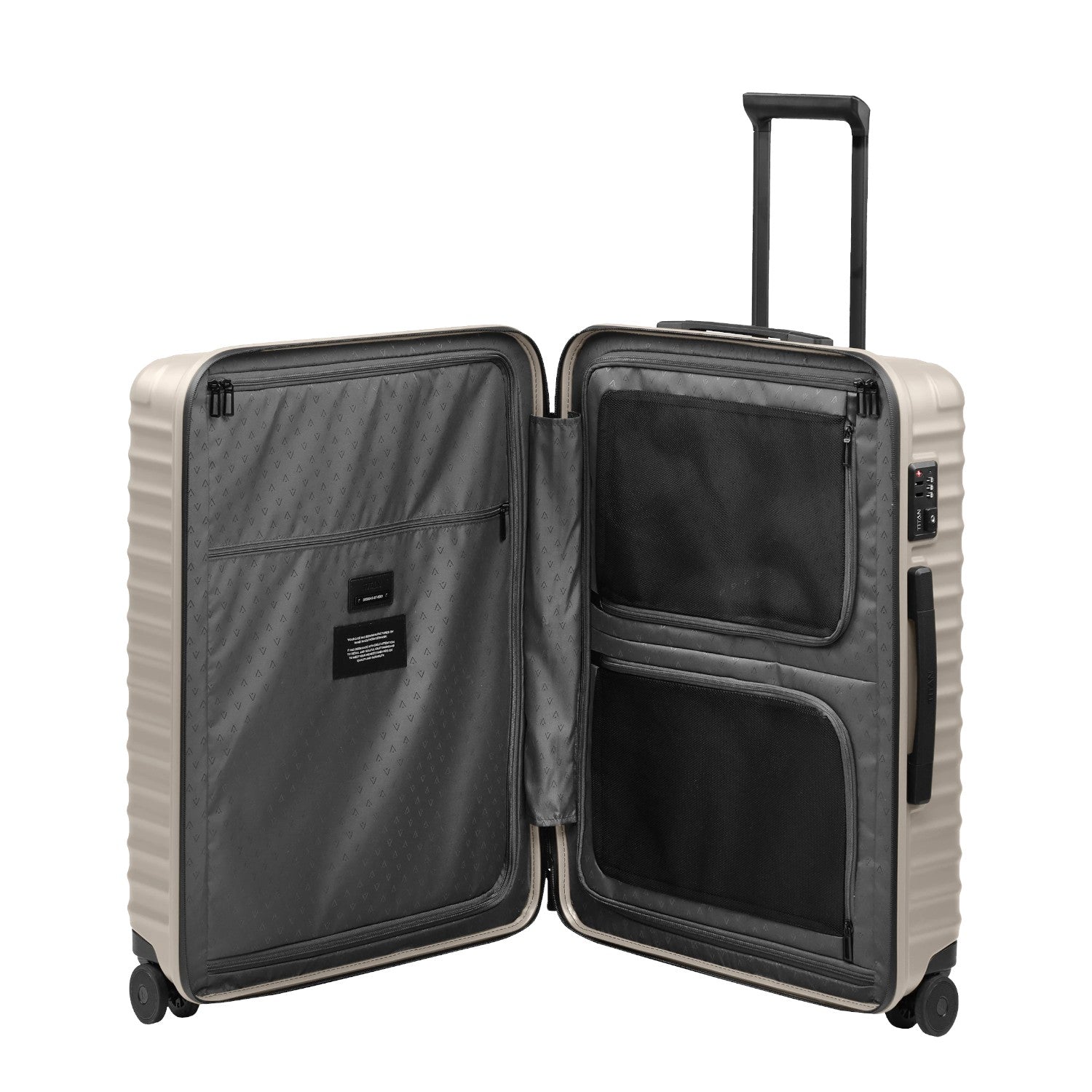 Lieblingstasche UPGRADE 4w Trolley M+ open suitcase with grey interior lining, mesh pockets, and integrated lock