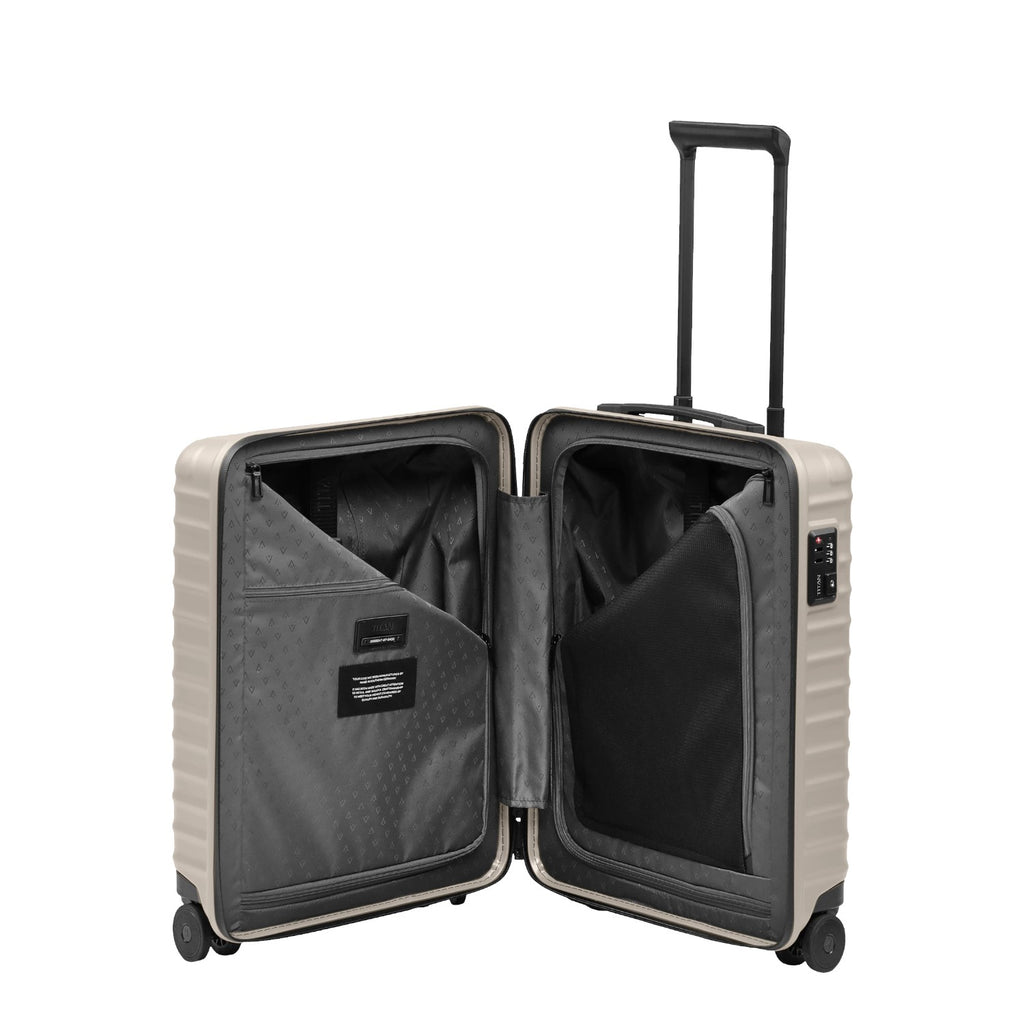 Lieblingstasche UPGRADE 4w Trolley S23 in beige, shown open to reveal the grey lined interior and mesh compartments.