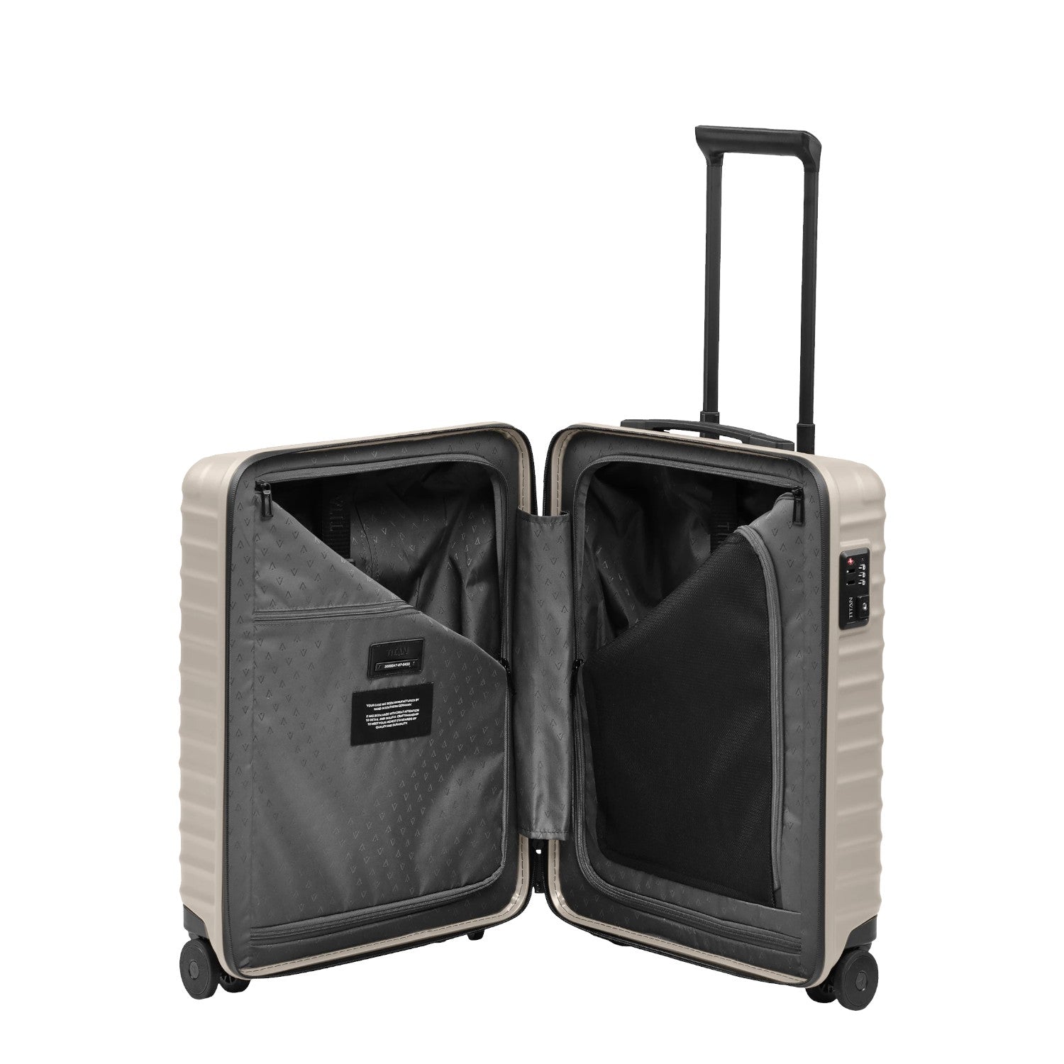 Lieblingstasche UPGRADE 4w Trolley S23 in beige, shown open to reveal the grey lined interior and mesh compartments.
