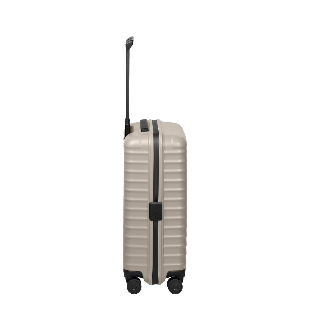 Lieblingstasche UPGRADE 4w Trolley S20 in beige with a hard shell, black trim, and telescopic handle side view