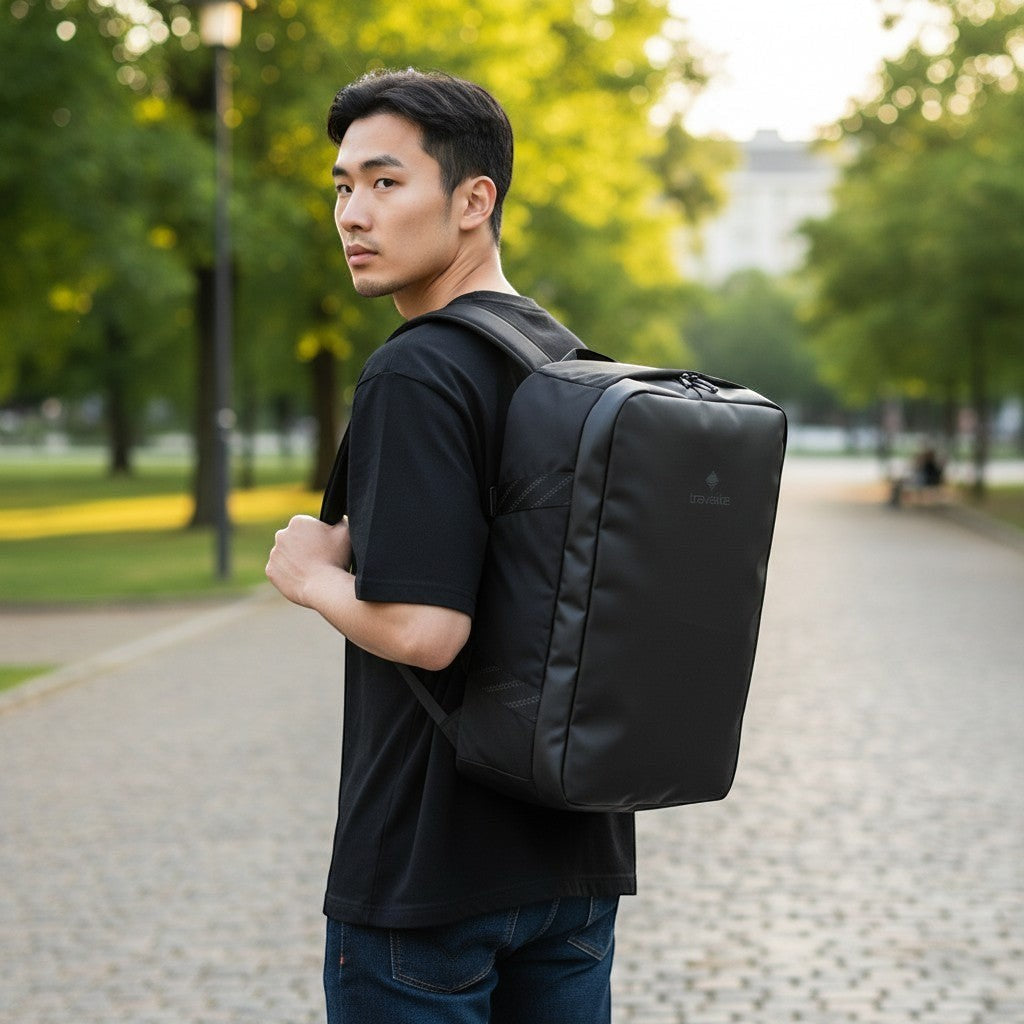 Lieblingstasche Venture Line Duffle M black travel backpack with adjustable straps and Travelite logo.