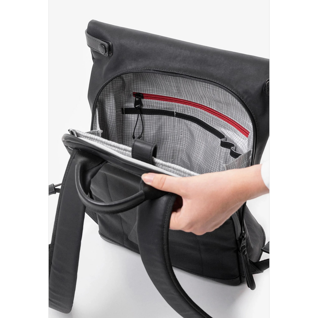 Lieblingstasche Wakayama black rolltop backpack with interior organization pockets and rear zipper opening