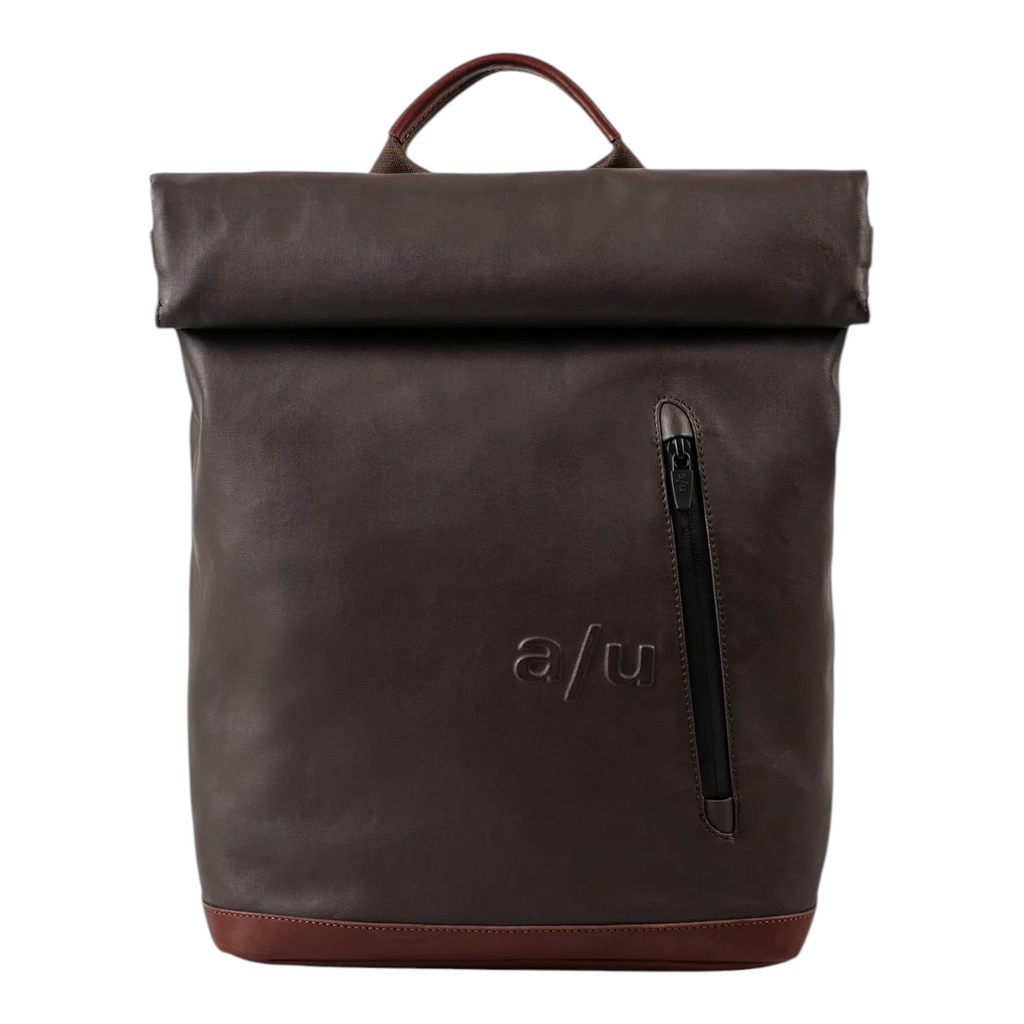 Lieblingstasche Wakayama dark brown leather roll-top backpack with a vertical front zipper and embossed logo