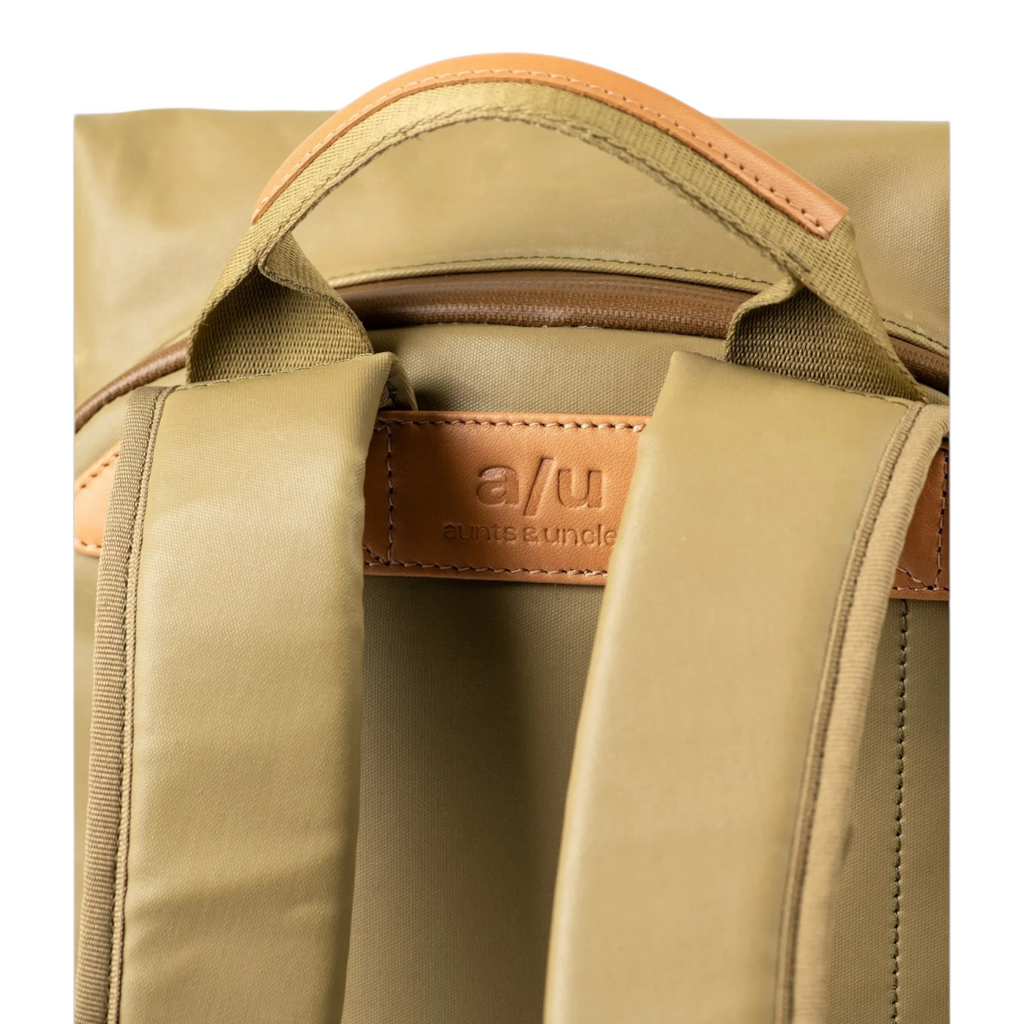 Lieblingstasche Wakayama backpack in olive green nylon with tan leather accents and padded shoulder straps