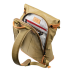 Lieblingstasche Wakayama olive green roll-top backpack with tan leather accents and interior grid pattern lining