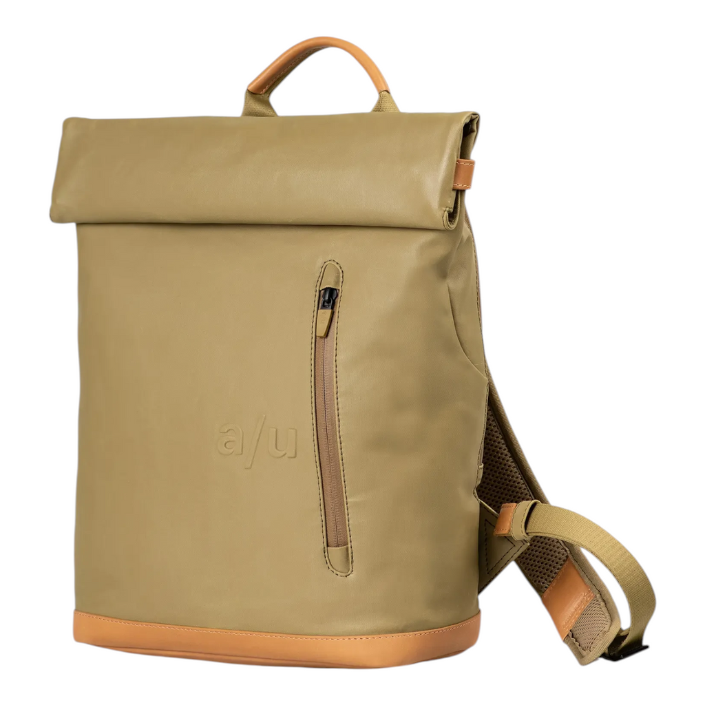 Lieblingstasche Wakayama rolltop backpack in olive green with tan leather trim and front zip pocket