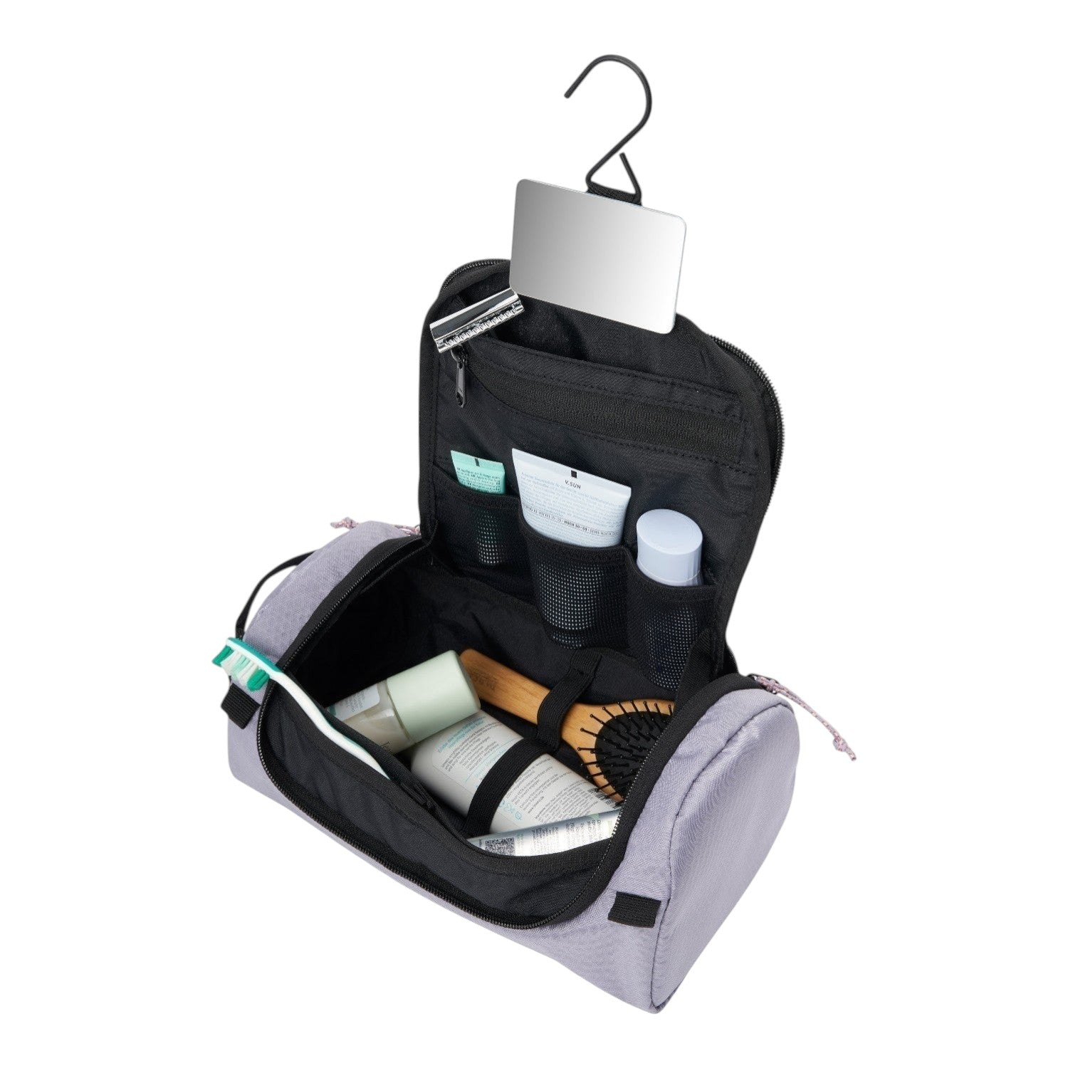 Lieblingstasche Wash Pack in light purple with hanging hook, mirror, and organized mesh pockets for toiletries.