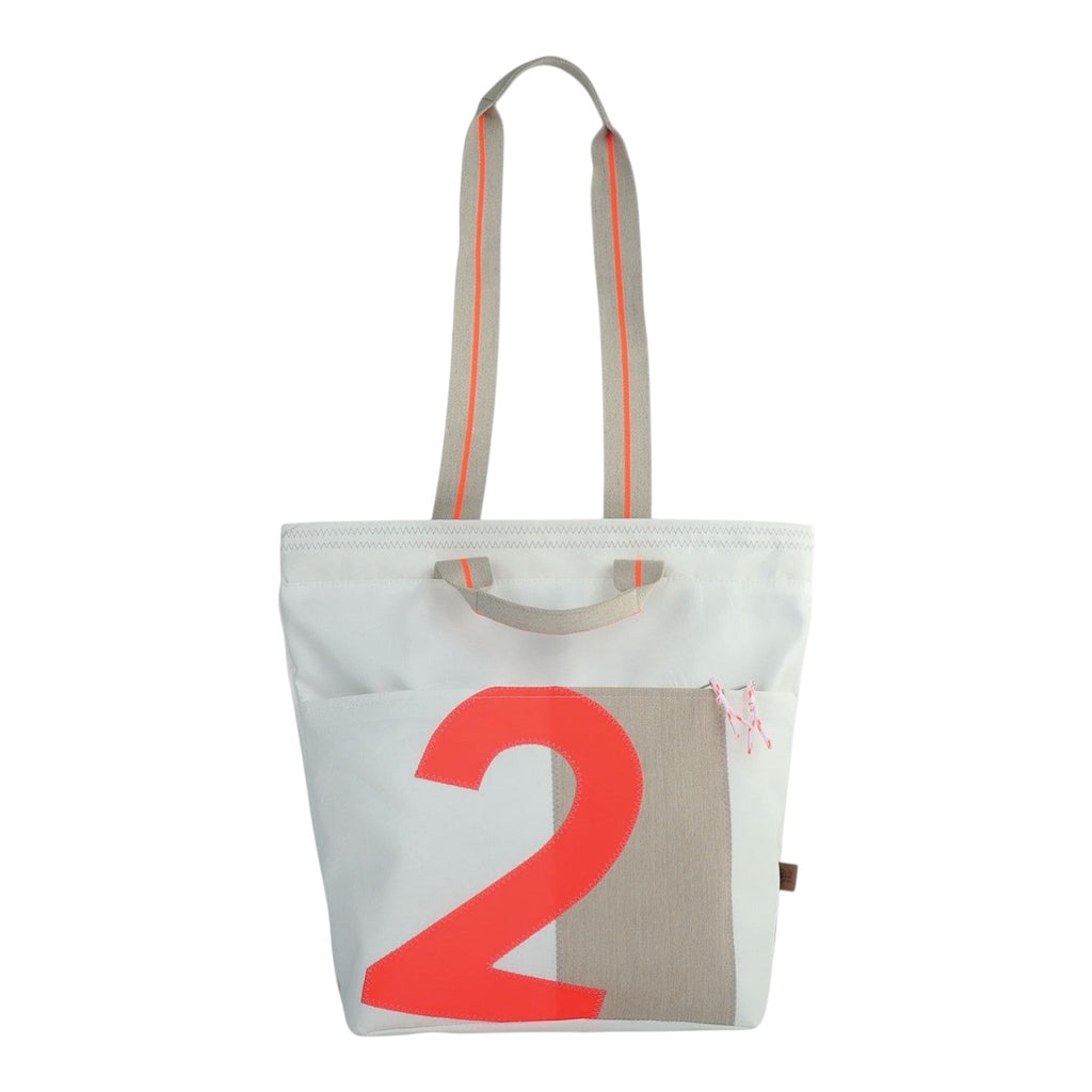 Lieblingstasche white tote bag with large neon orange number 2 graphic and beige side panel. Grey handles with orange trim.