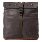 Lieblingstasche Yao dark brown roll-top backpack with a central buckle strap and embossed logo on a white background