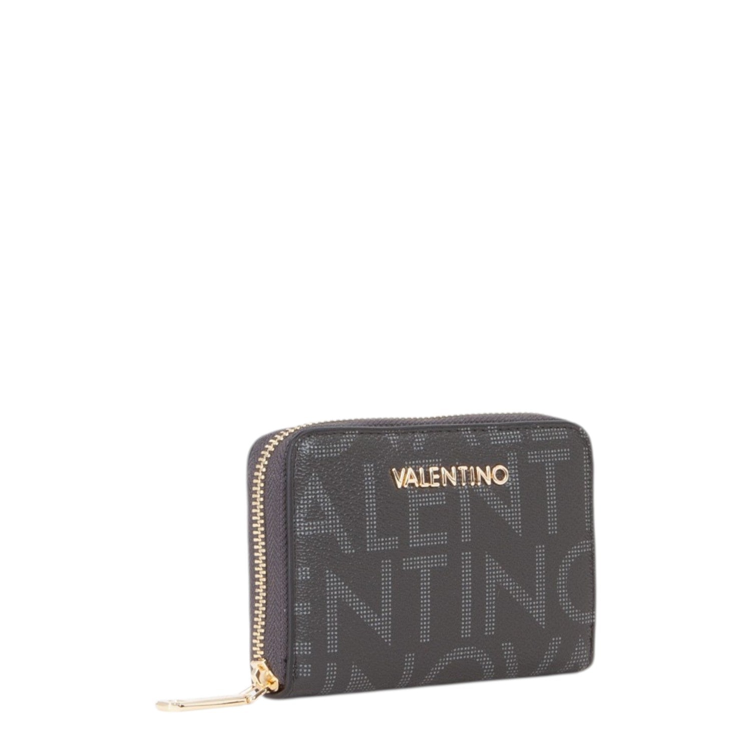 Lieblingstasche Zip Around Wallet Regina Re, black wallet with all-over repeating logo pattern and gold zipper.