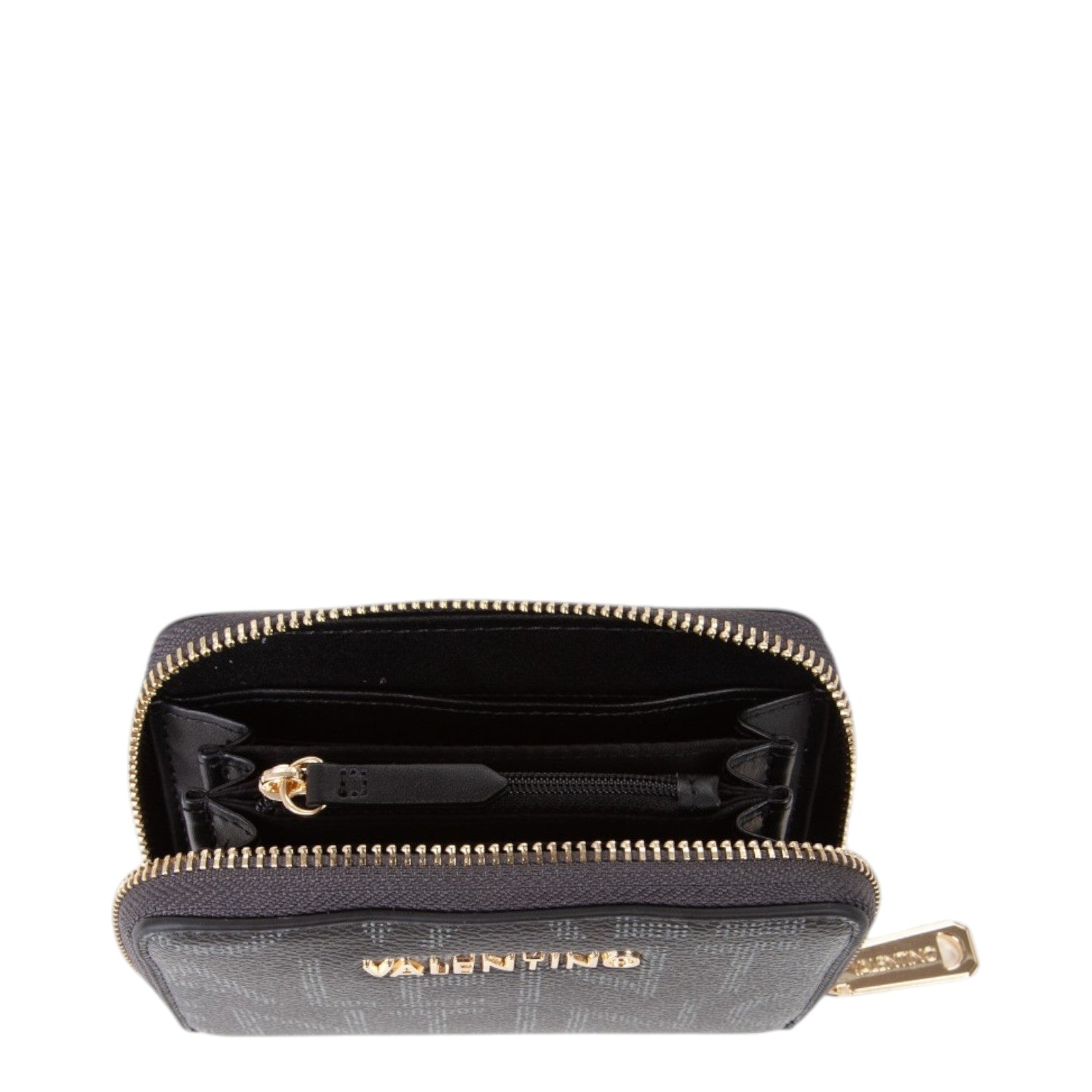 Lieblingstasche Zip Around Wallet Regina Re, black monogram print, gold hardware, compact zip-around design with interior card slots and zip pocket.