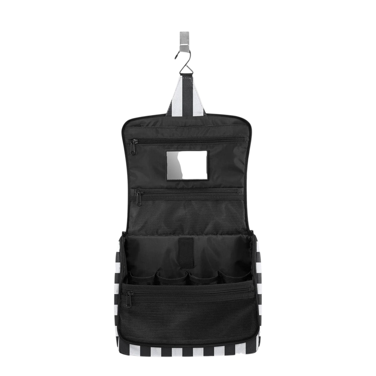 Lieblingstasche Toiletbag XL in black and white stripes with hanging hook, mirror, and multiple storage compartments.