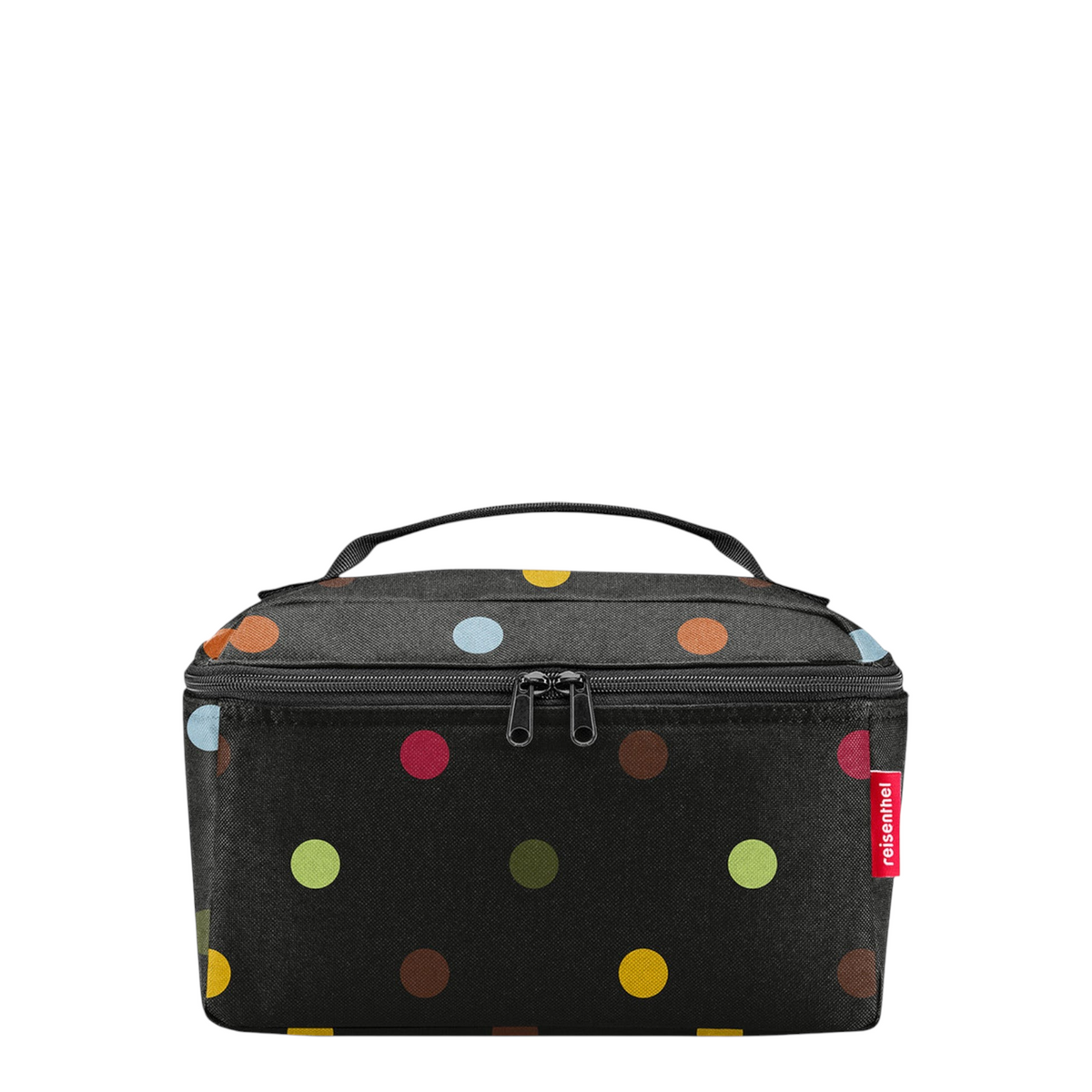 Lieblingstasche beautycase in black with a colourful polka dot pattern, featuring a top handle and zip closure.