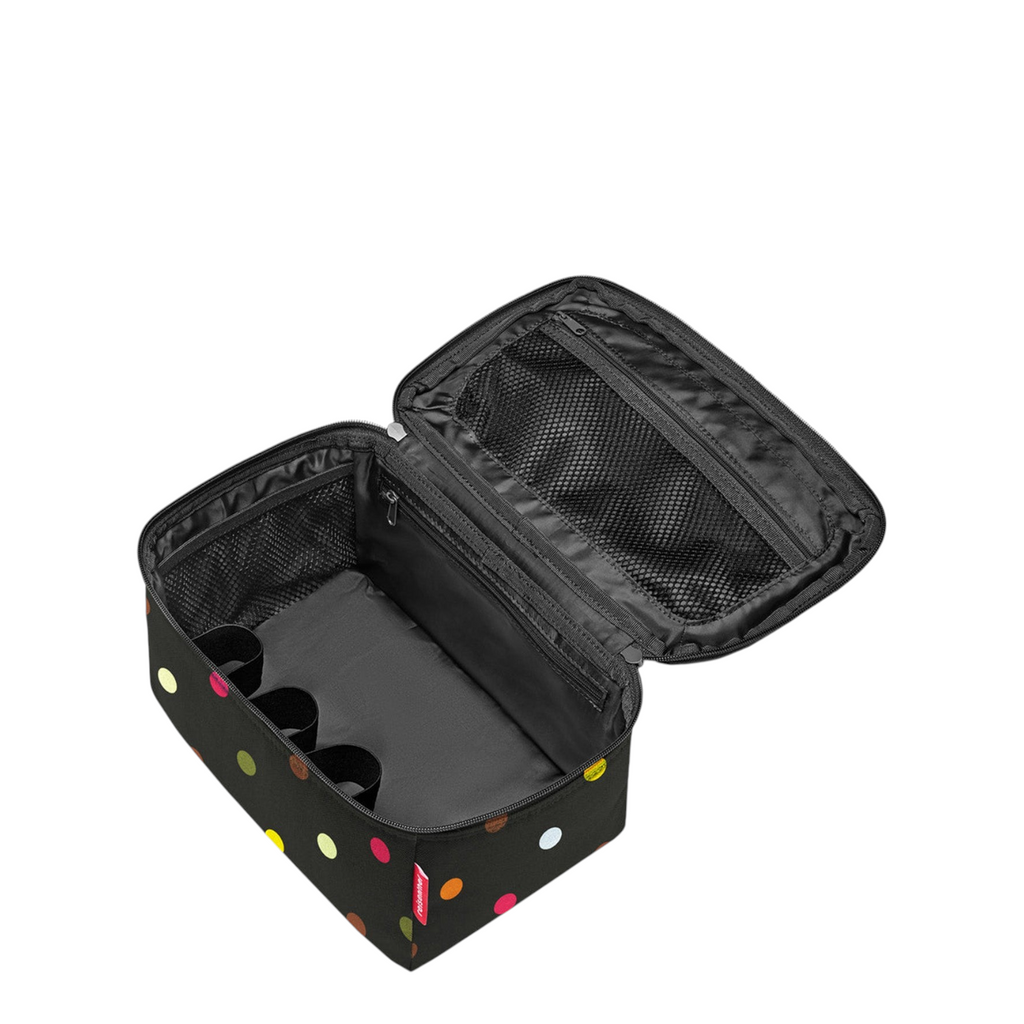 Lieblingstasche black beauty case with colorful polka dots, featuring interior mesh pockets and elastic organizers.
