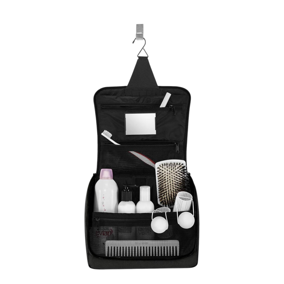 Lieblingstasche Toiletbag XL hanging black polyester toiletry bag with multiple mesh compartments and mirror