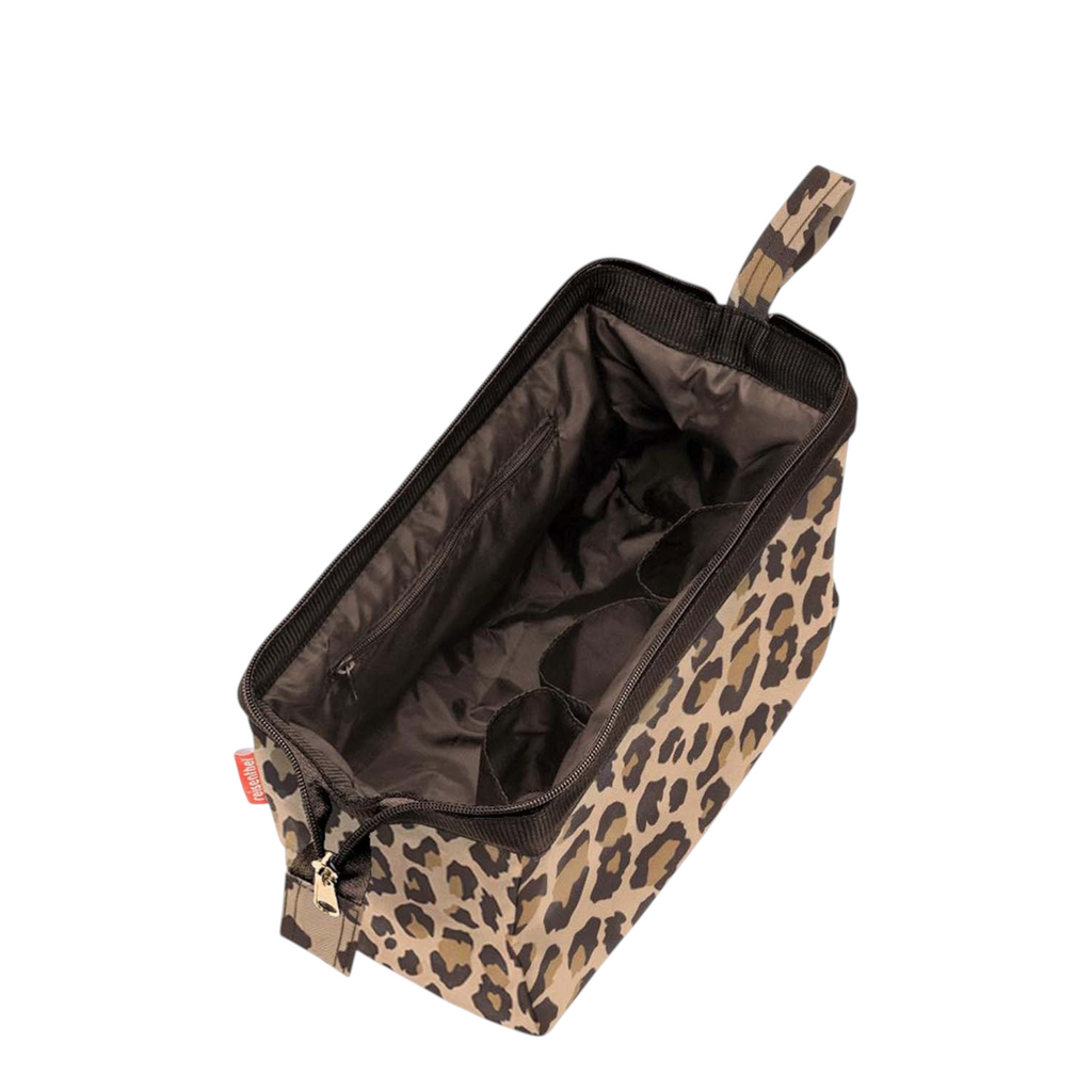 Lieblingstasche reisenthel Travelcosmetic toiletry bag in leopard print with metal frame and internal bottle loops