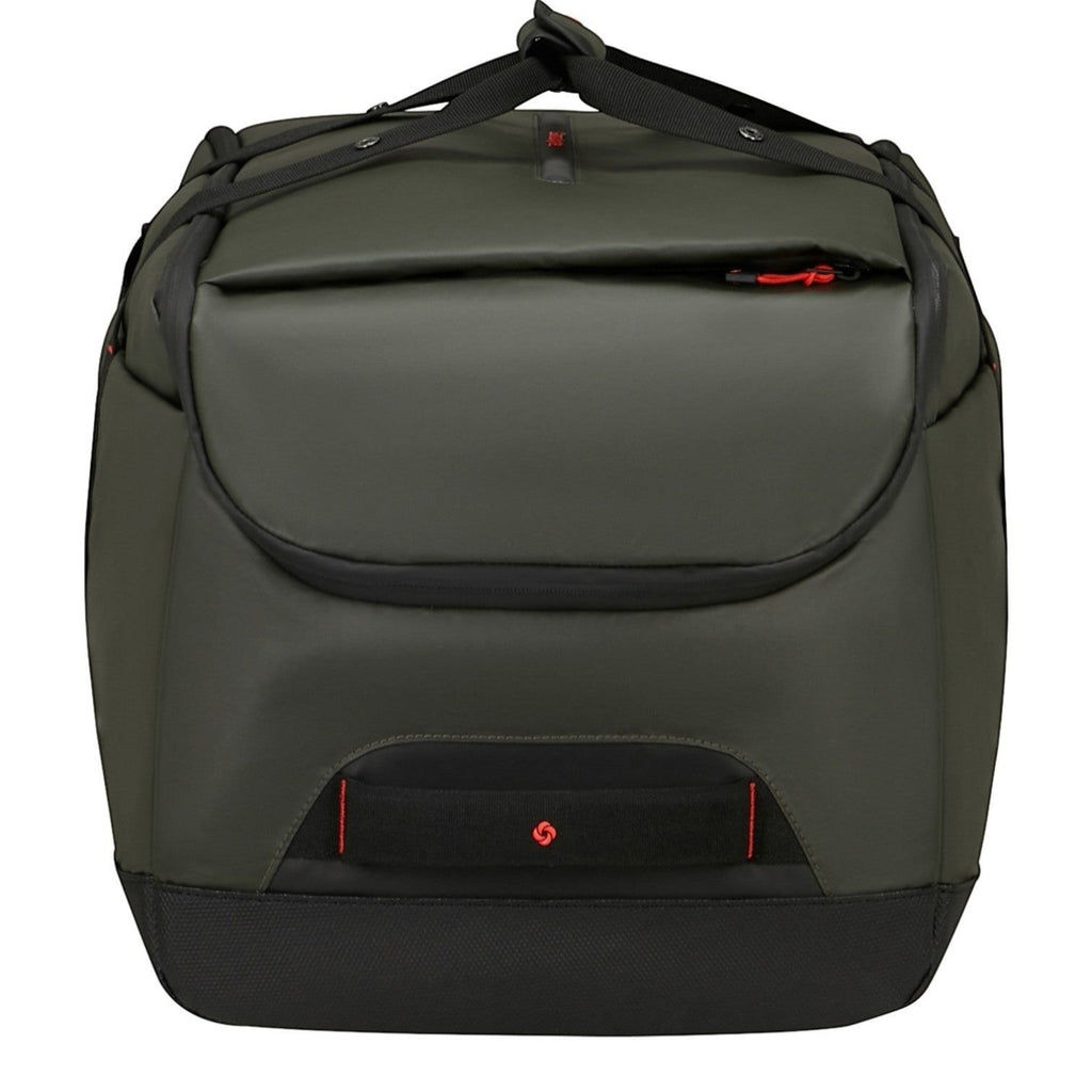 Lieblingstasche Ecodiver L duffle bag in dark green with black accents and red zipper pulls. Durable travel bag.
