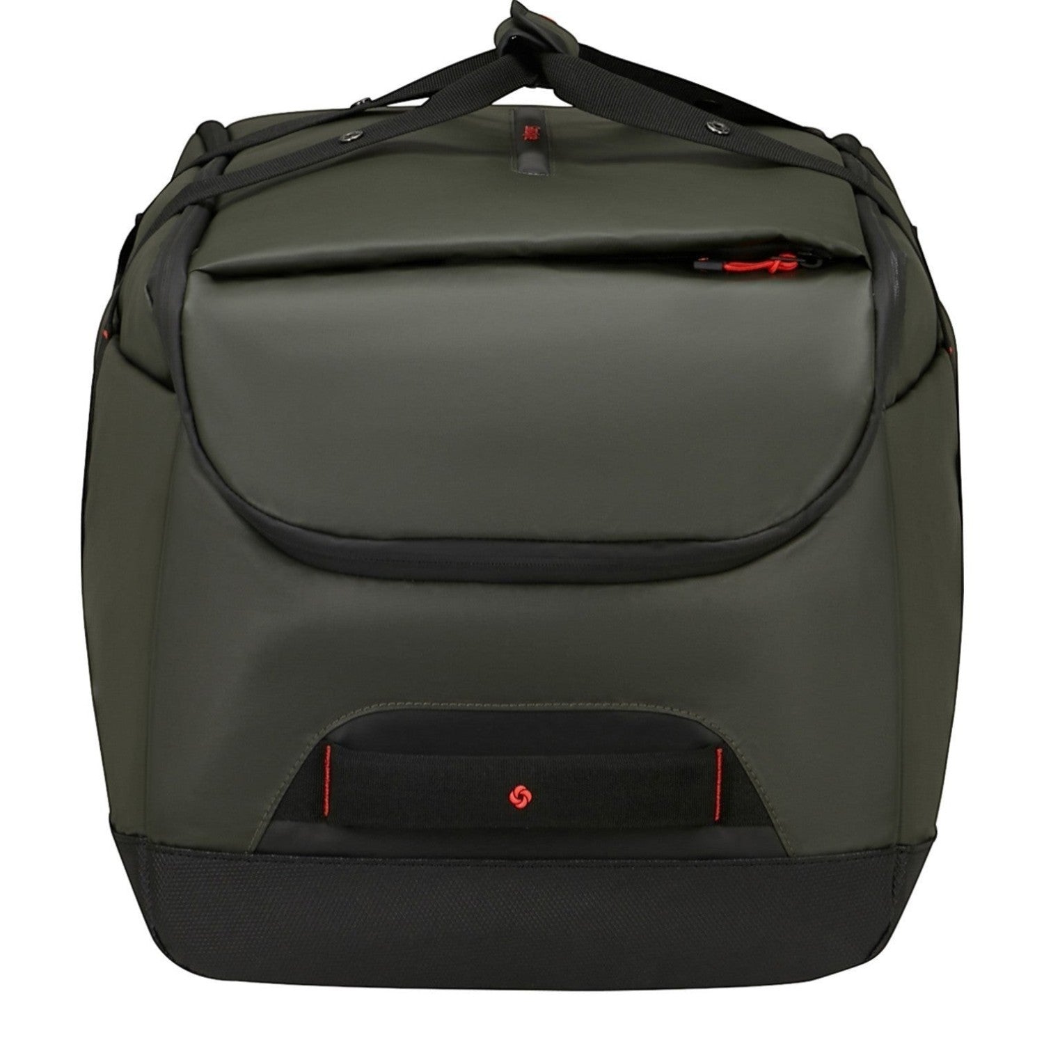 Lieblingstasche Ecodiver L duffle bag in dark green with black accents and red zipper pulls. Durable travel bag.