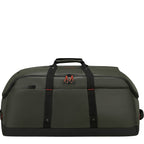 Lieblingstasche Ecodiver L duffle bag in dark green with black straps and red zipper pulls.
