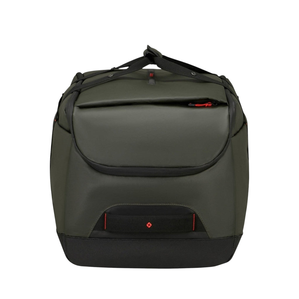 Lieblingstasche Ecodiver L duffle bag in dark green with black accents and red zipper pulls. Durable travel bag.