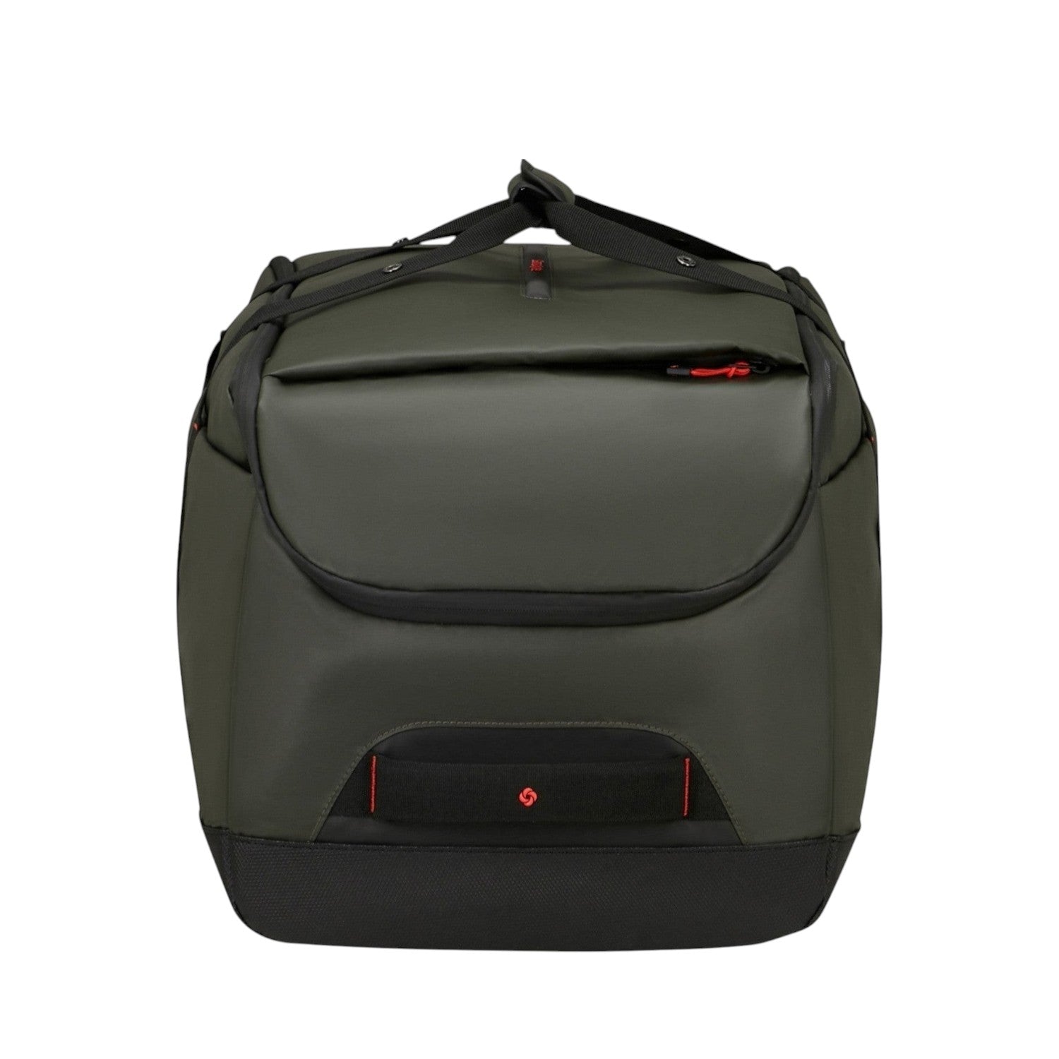 Lieblingstasche Ecodiver L duffle bag in dark green with black accents and red zipper pulls. Durable travel bag.