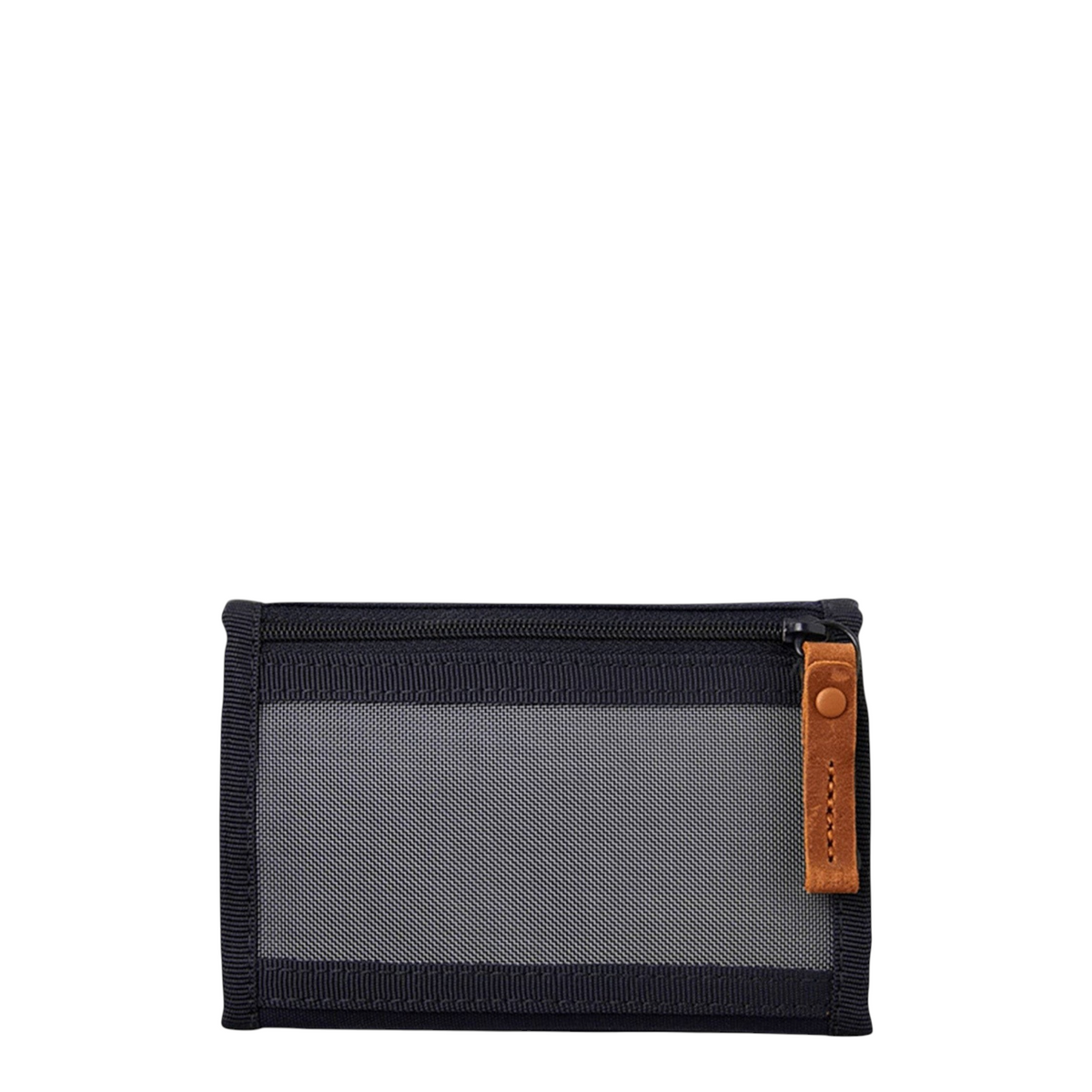 Lieblingstasche Skandi style wallet in black and grey fabric with a brown leather zipper pull and transparent window.