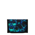 Lieblingstasche wallet in black and blue abstract pattern with Satch logo, featuring coin and bill compartments.