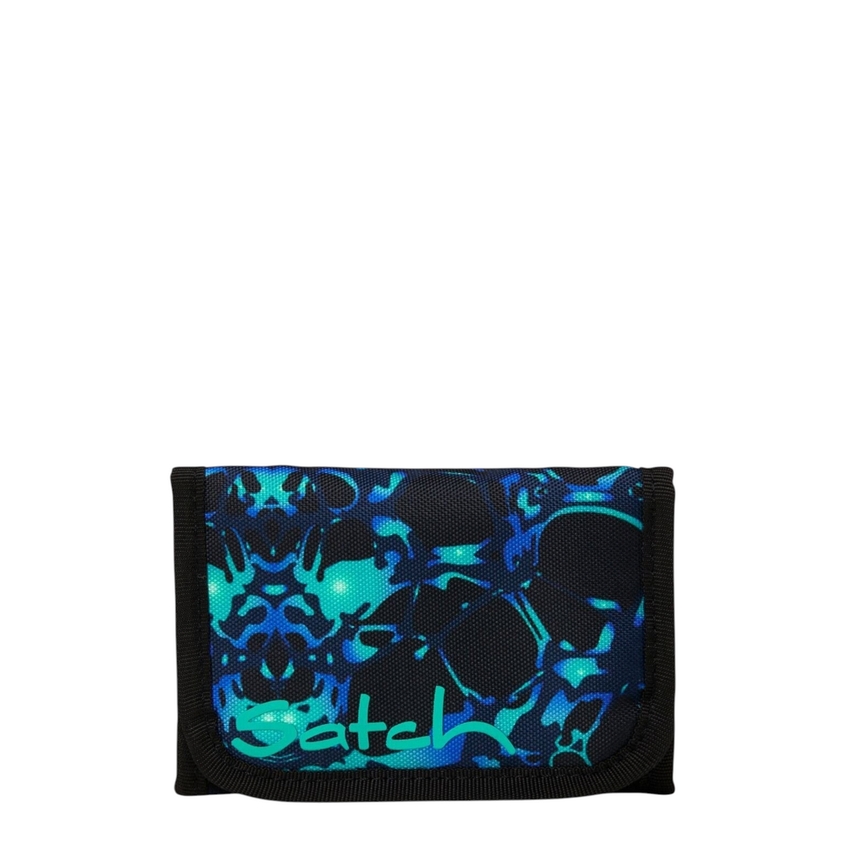 Lieblingstasche wallet in black and blue abstract pattern with Satch logo, featuring coin and bill compartments.
