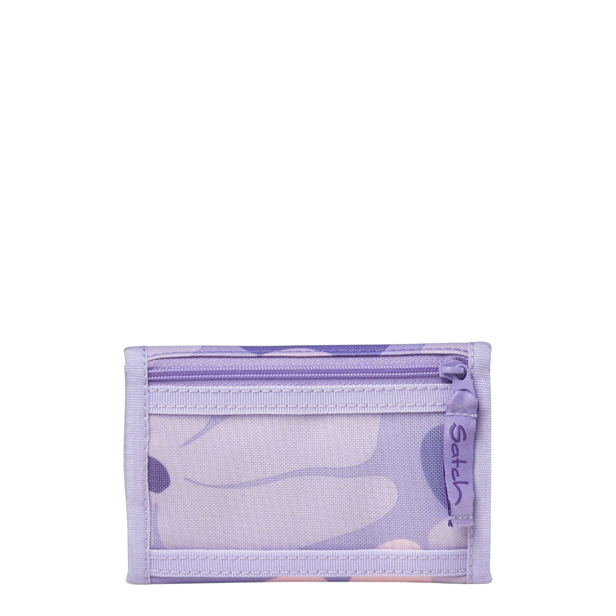 Lieblingstasche Satch wallet in light purple with a floral pattern, featuring a front zipper pocket.
