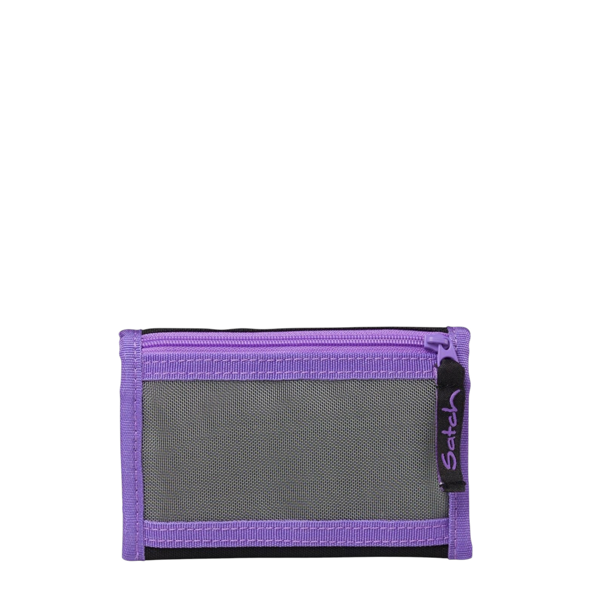Lieblingstasche purple and black wallet with a transparent mesh window and zipper closure
