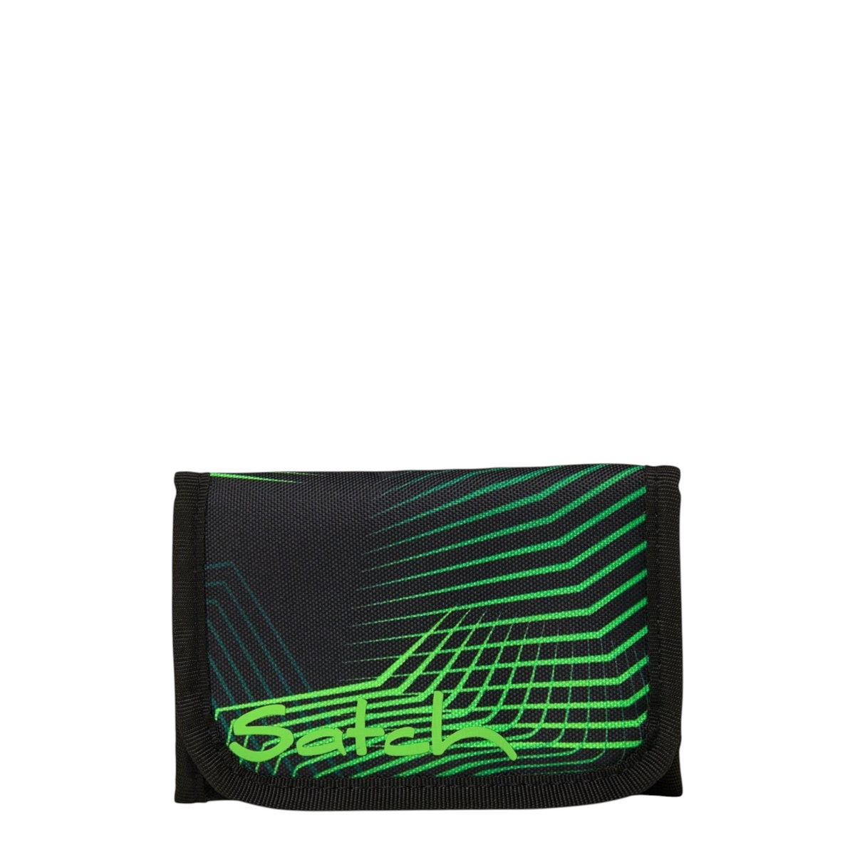 Lieblingstasche black and neon green wallet with geometric grid pattern and Satch logo