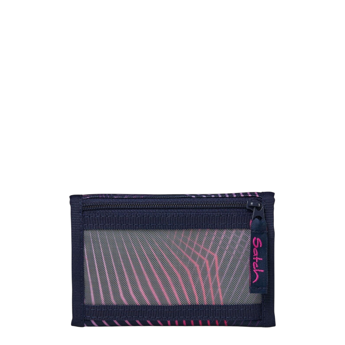 Lieblingstasche wallet in dark blue with pink geometric pattern, featuring a transparent window and zipper pocket.