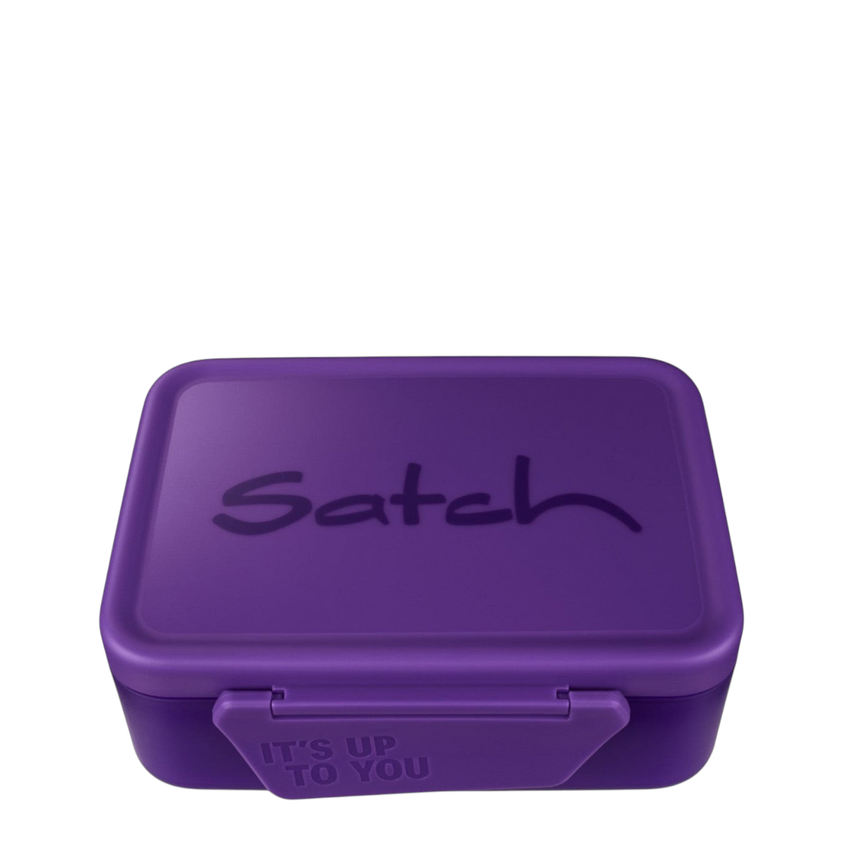Lieblingstasche Satch purple plastic lunch box with secure latch and embossed text on a white background