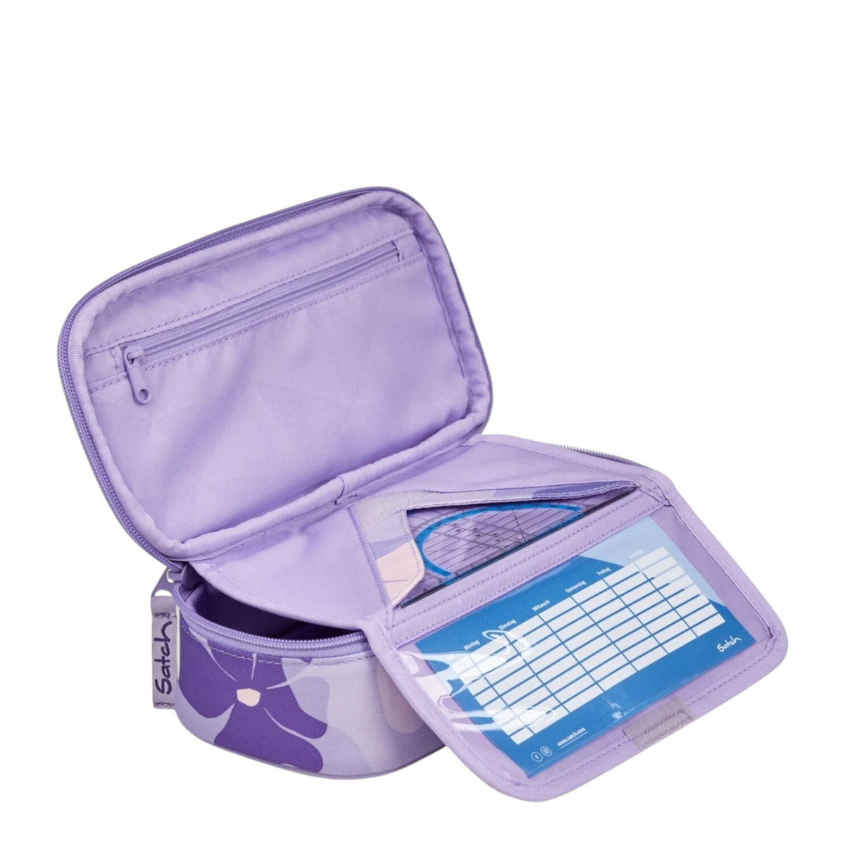 Lieblingstasche Satch purple floral pencil case with internal organizer, zipper pocket, and timetable insert.