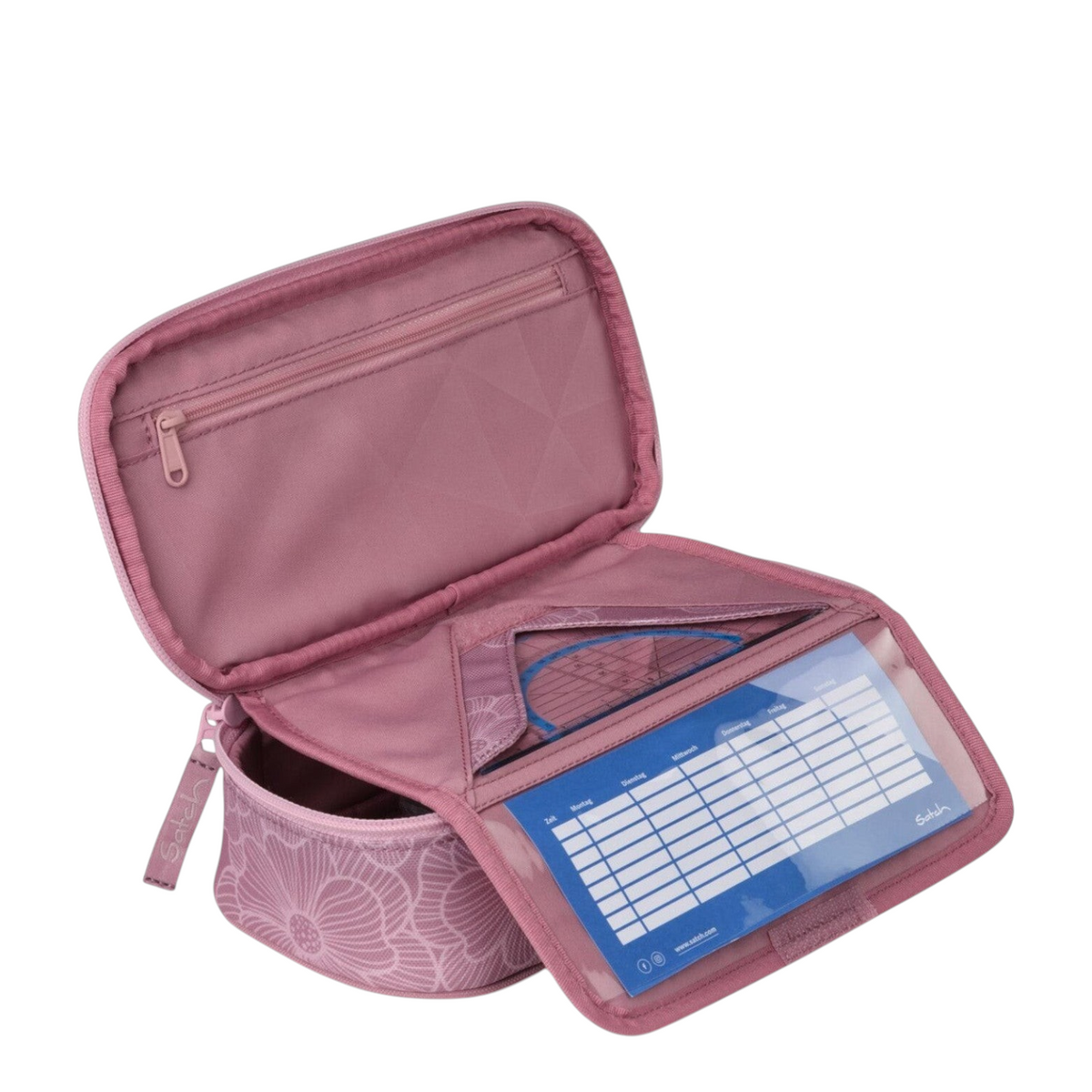 Lieblingstasche Satch pencil case in dusty pink with floral pattern, featuring internal organizers and timetable.