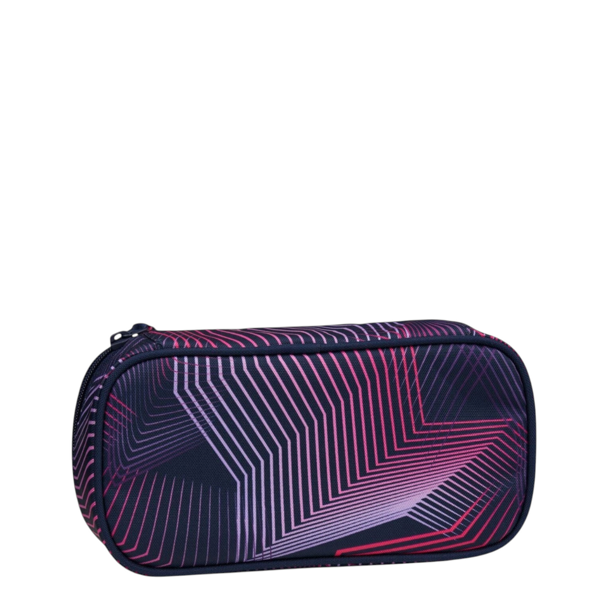 Lieblingstasche Satch pencil case in dark blue with pink and purple geometric line pattern made from recycled PET