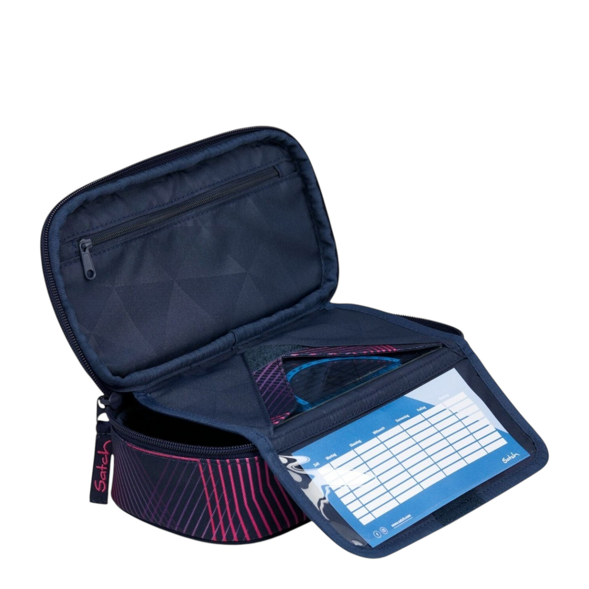 Lieblingstasche Satch pencil case in navy blue with pink geometric pattern, featuring internal organizer and flap.