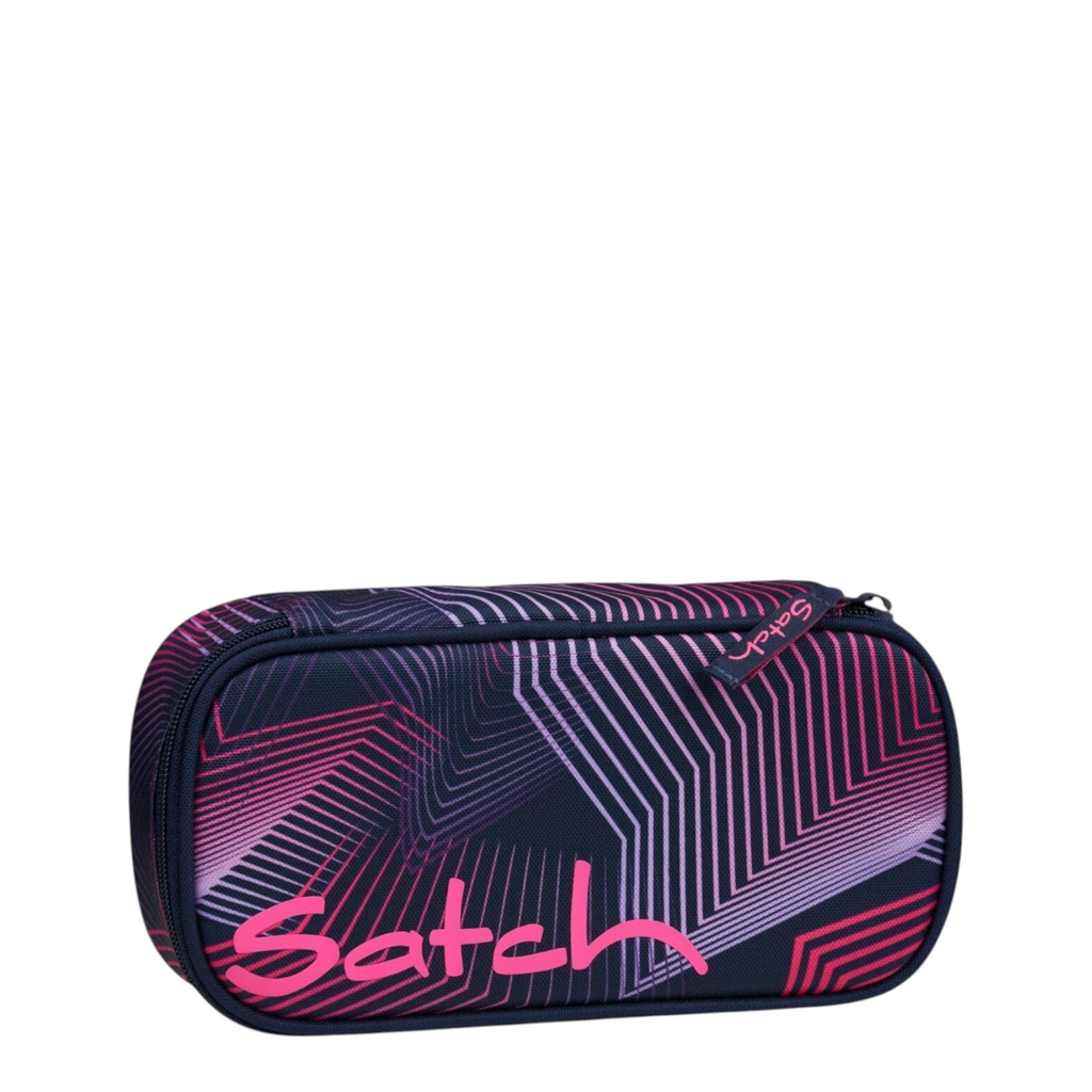 Lieblingstasche Satch pencil case in dark blue and pink with geometric line pattern and zip closure